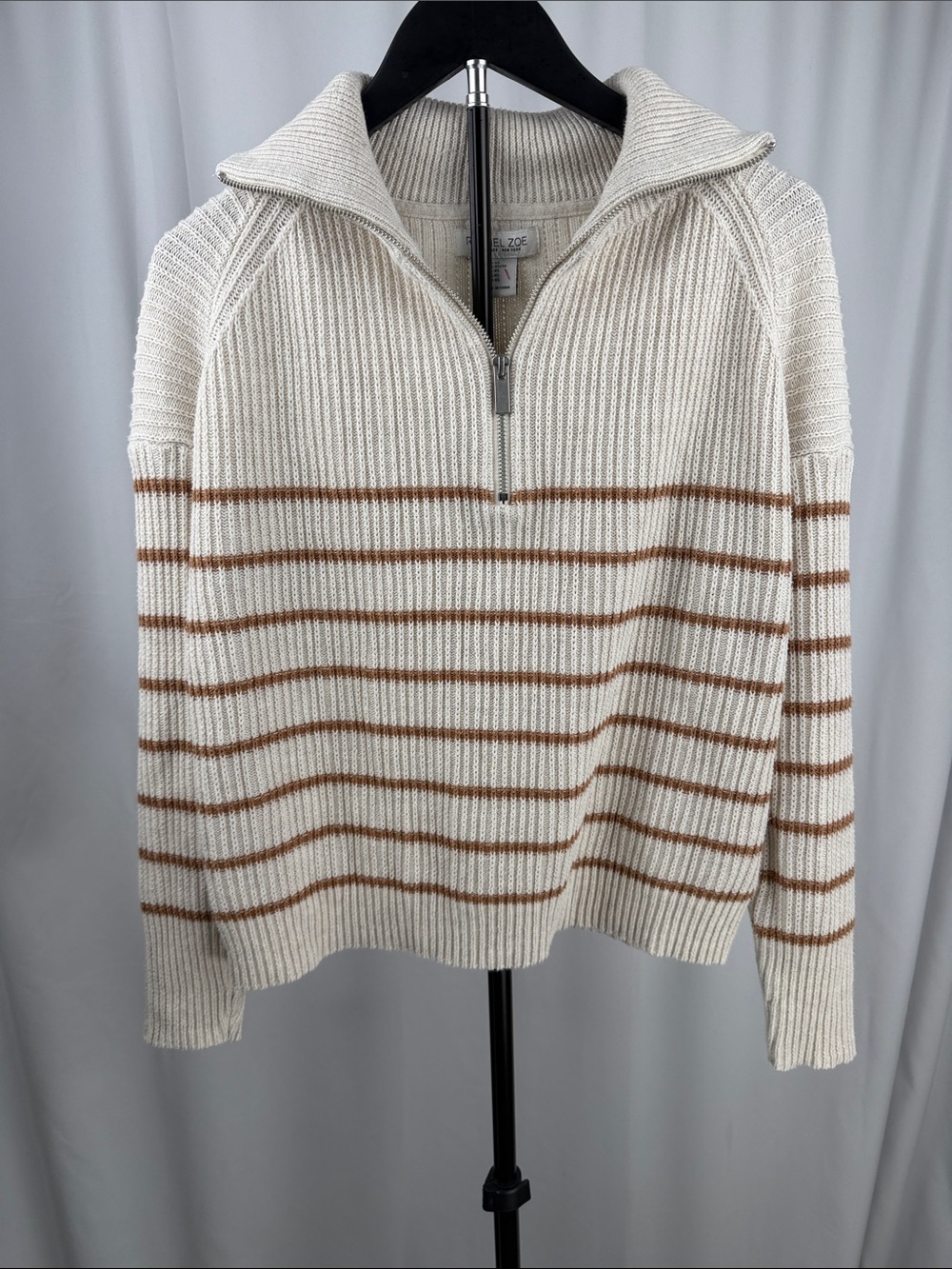 Rachel Zoe Cream Camel Striped Quarter Zip Sweater XS